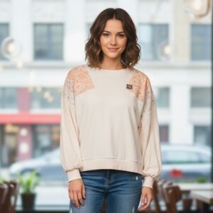 Free People Cream Lace Accent Sweatshirt Sz Small